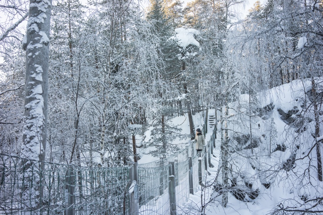 Dans le parc national d'Oulanka, à Myllykoski. Pas plus d'une personne à la fois sur la passerelle ! © YONDER.fr